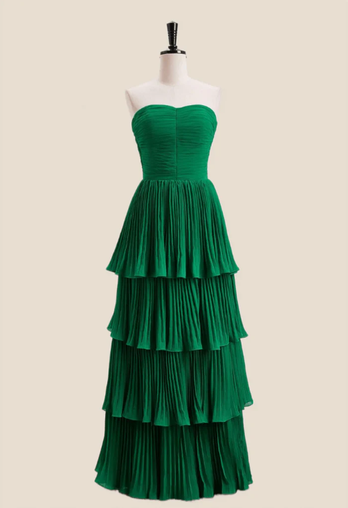 Elegant Chiffon Strapless Prom Dress Sheath Pleated Evening Gown Tiered Party Dress Long Formal Dress HZ1024