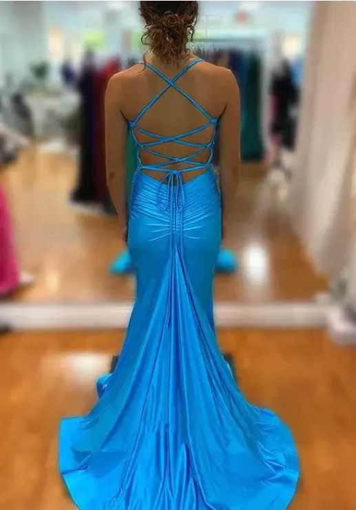 Elegant Blue Sheath Prom Dress Evening Gown High Slit Party Dress Long Formal Dress HZ1024