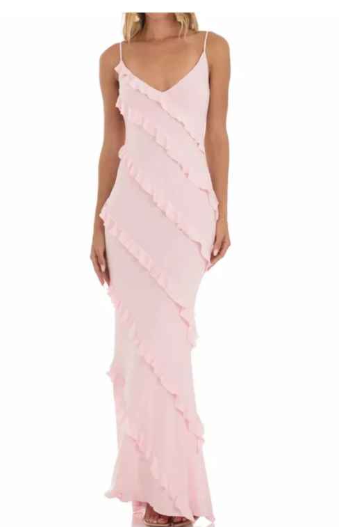 Elegant Pink Ruffled Prom Dress Sheath Evening Gown V-neck Party Dress Long Formal Dress HZ1024