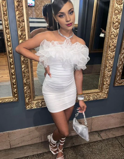 Vintage White Strapless Ruffles Homecoming Dress Sheath Bodycon Party Dress Short Cocktail Dress HZ1024