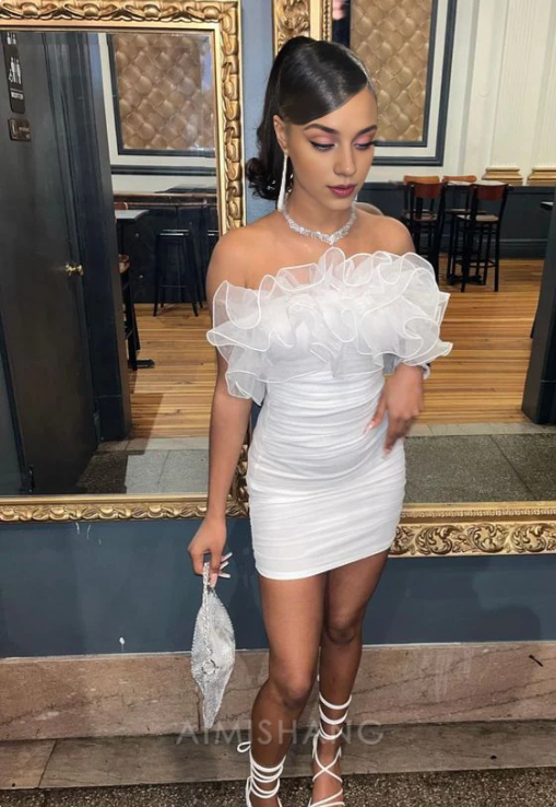 Vintage White Strapless Ruffles Homecoming Dress Sheath Bodycon Party Dress Short Cocktail Dress HZ1024