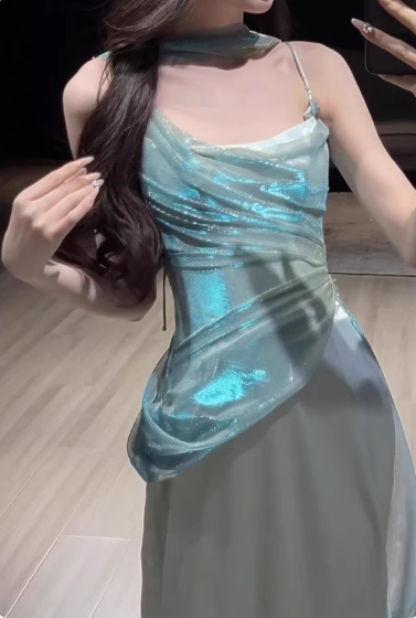 Elegant Aqua Spaghetti Strap Prom Dress Satin Evening Gown Sheath Party Dress Long Formal Dress HZ1024