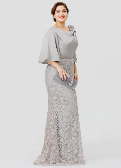 Elegant Lace Half Sleeve Cowl Neck Mother of Bride Dress Sheath Evening Gown Long Formal Dress HZ1024