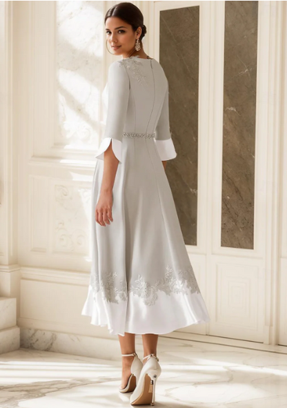 Elegant Appliqued Half Sleeve Mother of Bride Dress A-Line Evening Gown Tea Length Formal Dress HZ1024