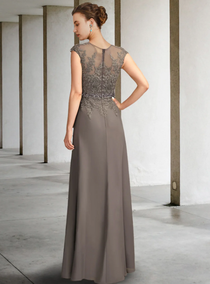 Vintage V-neck Chiffon Applique Mother of Bride Dress Cap Sleeve Evening Gown Floor Length Formal Dress HZ1024