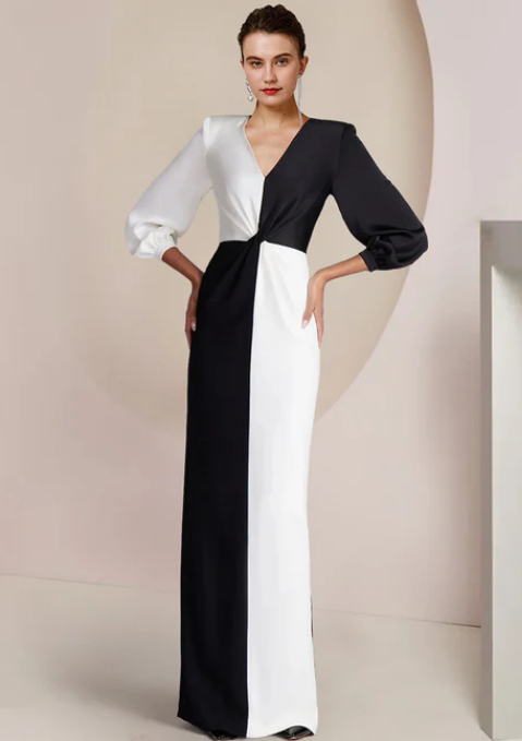 Vintage Sheath V-neck Satin Mother of Bride Dress Long Sleeve Evening Gown Floor Length Formal Dress HZ1024