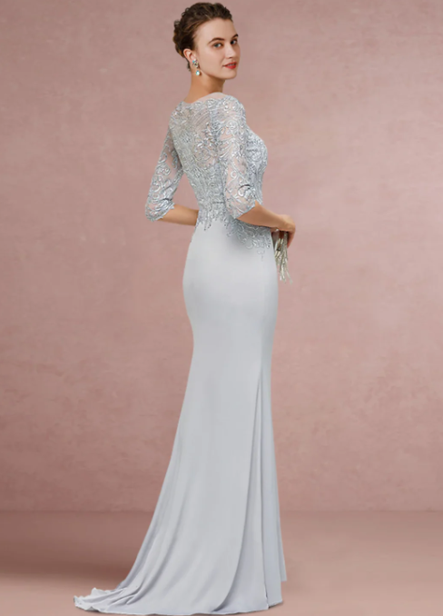 Vintage Sheath Scoop Neck Lace Sequined Mother of Bride Dress Half Sleeve Evening Gown Long Formal Dress HZ1024