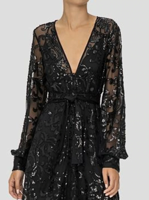 Elegant Black V-neck A-Line Lace Sequined Mother of Bride Dress Long-sleeved Evening Gown Long Formal Dress HZ1024