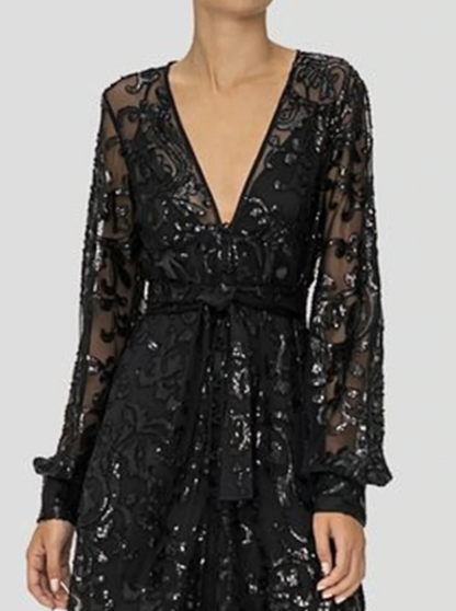 Elegant Black V-neck A-Line Lace Sequined Mother of Bride Dress Long-sleeved Evening Gown Long Formal Dress HZ1024