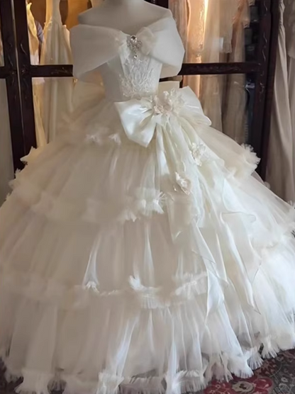 Gorgeous Ivory Applique Beaded Off-the-shoulder Sweet 16 Quinceanera A-Line Tulle Evening Dress Ball Gown HZ1024