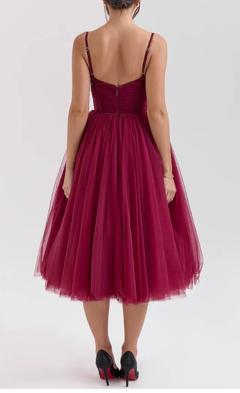Elegant Burgundy A-Line Evening Gown Sweetheart Spaghetti Strap Party Dress Tulle Long Formal Dress HZ1024