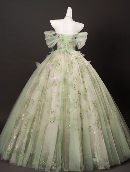 Elegant Light Green Tulle Floral Sweet 16 Quinceanera A-Line Off-the-shoulder Evening Dress Long Ball Gown HZ1024