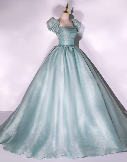 Elegant Glittering Satin Sweet 16 Quinceanera A-Line Puffy Sleeve Evening Dress Long Ball Gown HZ1024