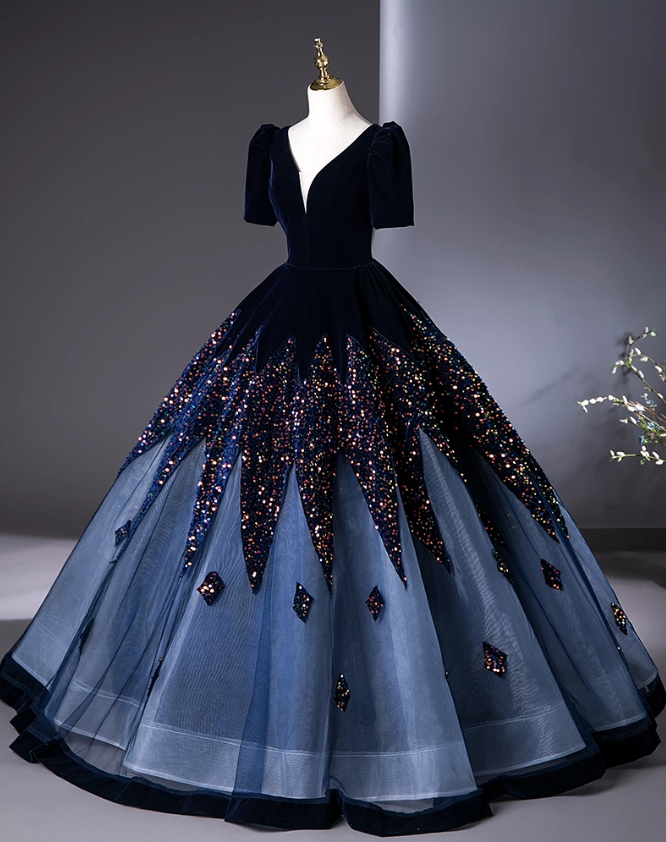 Vintage Navy Blue Velvet Beaded Sweet 16 Quinceanera A-Line V-neck Short-sleeved Evening Dress Long Ball Gown HZ1024