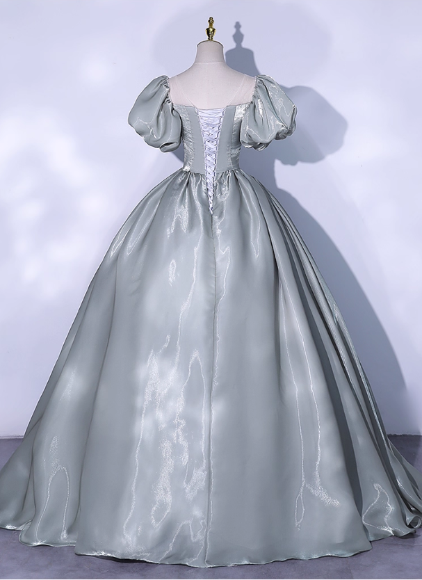 Vintage Greyish-green Satin A-Line Evening Gown Sweetheart Puffy Sleeve Party Dress Long Formal Dress HZ1024