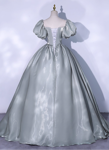 Vintage Greyish-green Satin A-Line Evening Gown Sweetheart Puffy Sleeve Party Dress Long Formal Dress HZ1024