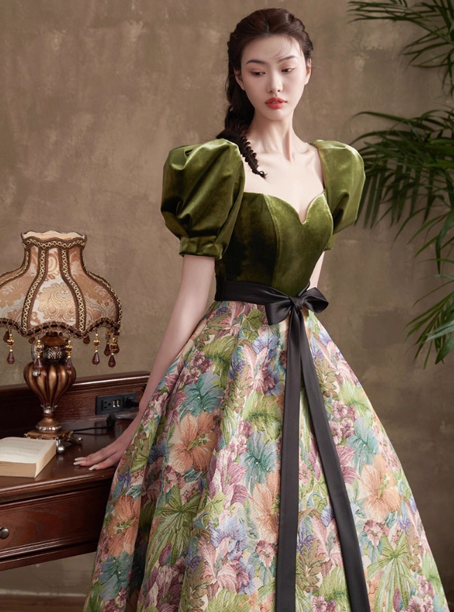 Vintage Court Retro Style A-Line Evening Gown Sweetheart Puffy Sleeve Party Dress Long Formal Dress HZ1024