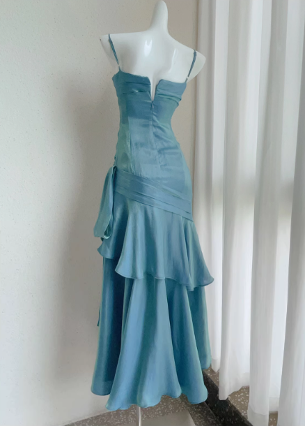 Vintage Sweetheart Sheath Spaghetti Strap Evening Dress Ruffled Long Prom Dress HZ1024