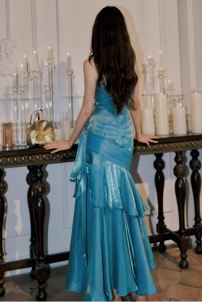 Vintage Sweetheart Sheath Spaghetti Strap Evening Dress Ruffled Long Prom Dress HZ1024