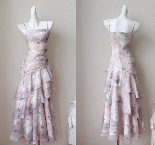 Vintage Lilac Floral Mermaid Spaghetti Strap Evening Dress Long Prom Dress HZ1024