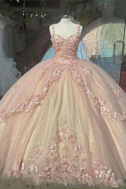 Retro Pink Sweetheart Appliqued 3D Flower A-Line Tulle 18 Birthday Quinceanera Dresses Evening Ball Gowns HZ1024