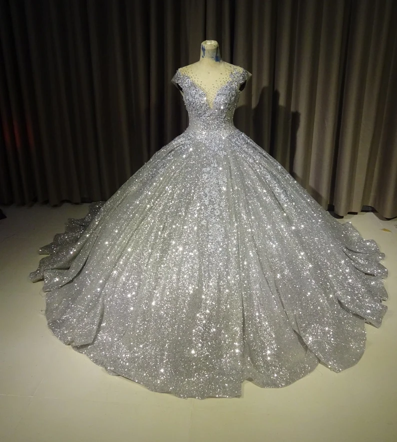 Silver gorgeous shiny elegant long exquisite sequin ball gown wedding dress modern evening dress custom dress gh932