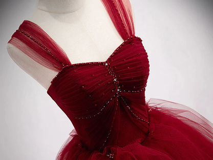 Gorgeous Wine Red Tulle Ball Gown Long Prom Dress Formal Dress, Burgundy Sweet 16 Dresses  gh14