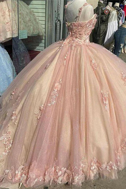 Retro Pink Sweetheart Appliqued 3D Flower A-Line Tulle 18 Birthday Quinceanera Dresses Evening Ball Gowns HZ1024