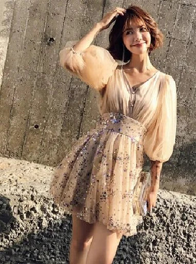 Chic Shiny Champagne Sequin Homecoming Dress V-neck Party Dress Short A-Line Cocktail Dress HZ1024