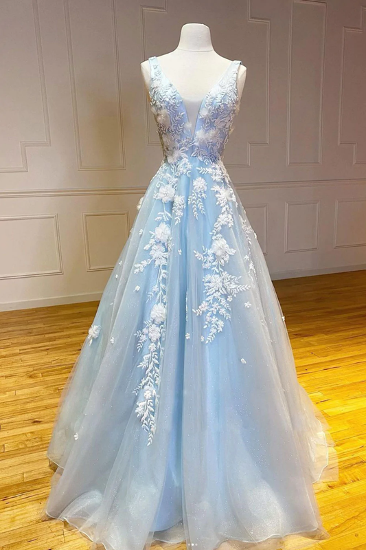 Blue V neck applique tulle lace long elegant ball gown evening dress gh2306