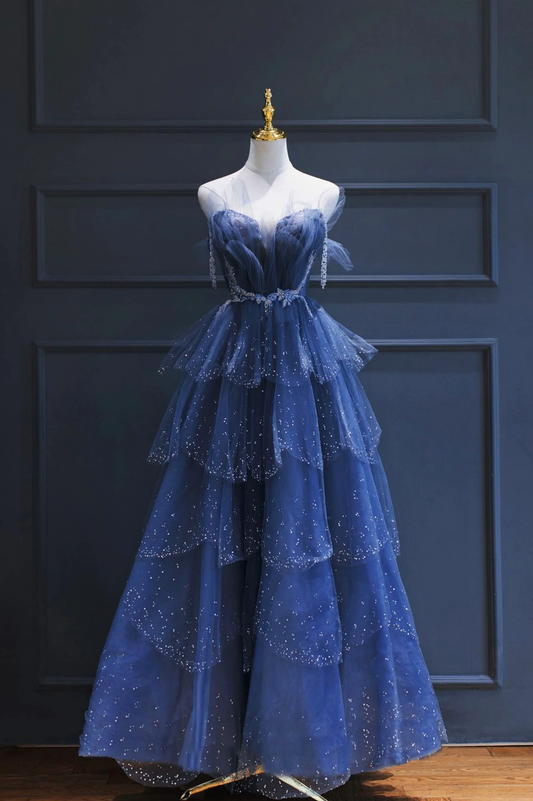 Blue gorgeous tulle beaded long A-line ball gown evening dress gh2105
