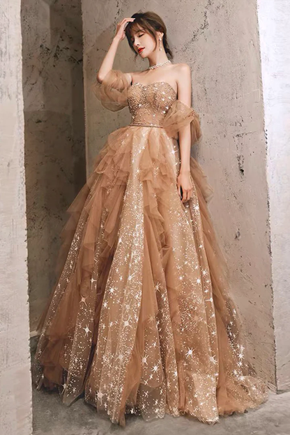 Yellow gorgeous shiny fashion A-line long tulle elegant ball gown evening dress gh2152