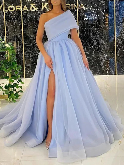 Gorgeous Pink Ball Gown Organza Ruffles One-Shoulder Sleeveless Sweep/Brush Train Dresses  gh2267