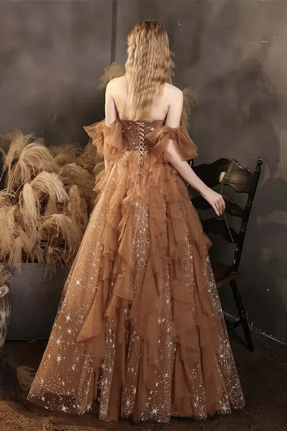 Elegant Champagne Sweetheart Shiny Sequin Ruffle Design A-Line Chiffon Tulle Evening Dress Prom Dress HZ1024