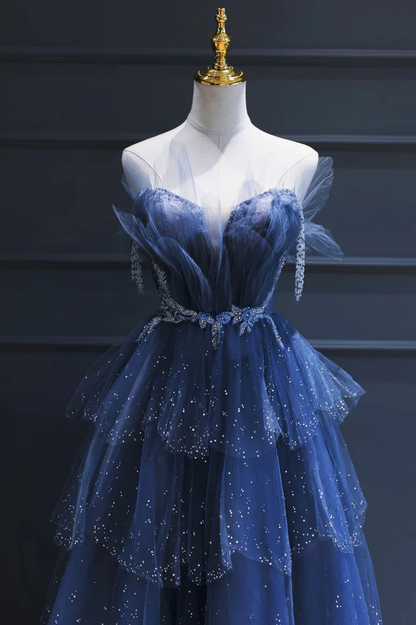 Blue gorgeous tulle beaded long A-line ball gown evening dress gh2105