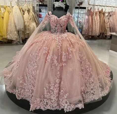 Beautiful Pink Sweetheart Applique Sweet 16 Quinceanera A-Line Tulle Floor-length Prom Dress Birthday Dress Evening Dress Ball Gown HZ1024