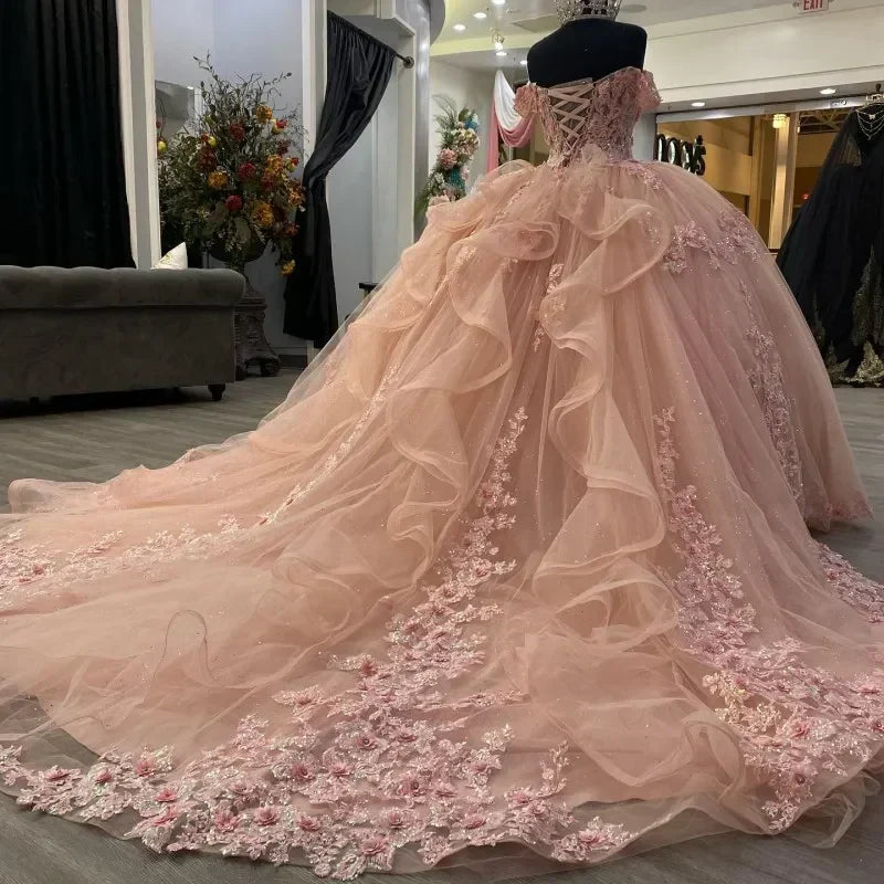 Elegant Pink Applique Sequin Off-the-shoulder Sweet 16 Quinceanera A-Line Floor-length Prom Dress Birthday Dress Evening Dress Ball Gown HZ1024