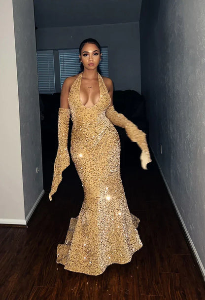 Enchanting Glittering Sequin Beaded Mermaid Halter-neck Prom Dress Party Dress Evening Dress HZ1024