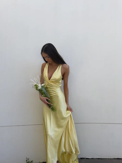 V-neck purple satin and floor length prom dresses evening gown SD1406