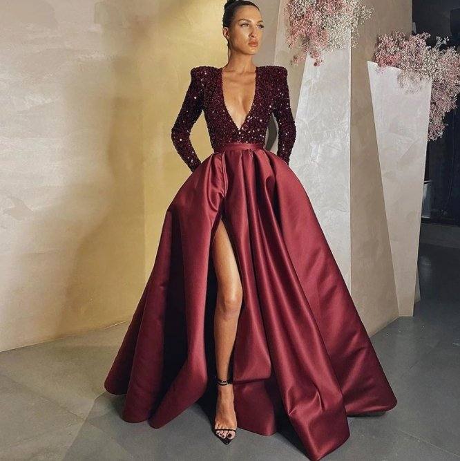 Elegant Satin Evening Dresses Long Sparkle Sequined Sexy Deep V Neck Side Slit Formal Prom Gown Simple Ruched Robe de soiree - RongMoon