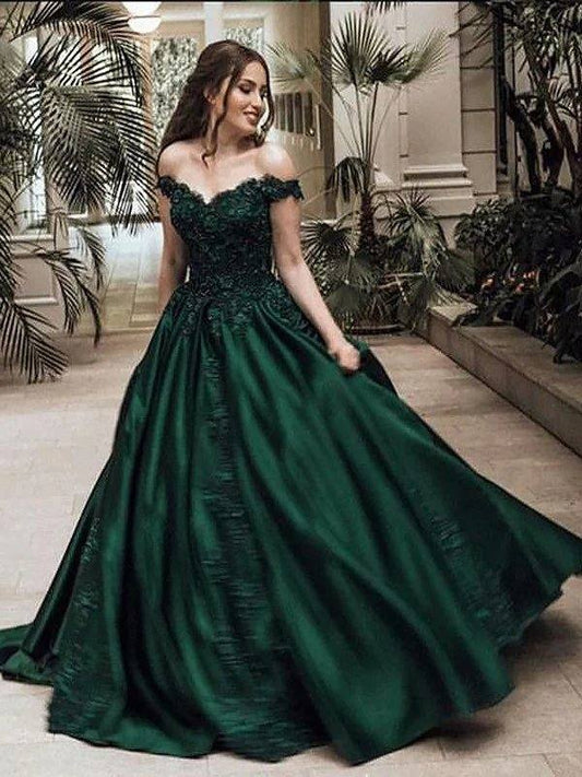 Ball Gown Off-the-Shoulder Sleeveless Floor-Length Lace Satin Dresses - RongMoon