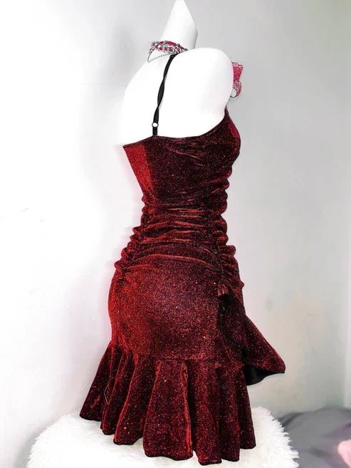 Retro Glitter Burgundy Spaghetti Strap 18th Birthday Party Dress Homecoming Dress HZ1024