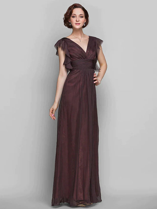 Mother of the Bride Dress Beautiful Back V Neck Floor Length Chiffon Short Sleeve with Criss Cross Ruched Draping