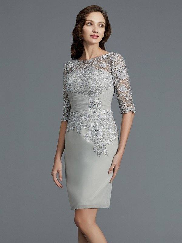 Sheath/Column Scoop 1/2 Sleeves Chiffon Short/Mini Mother of the Bride Dresses - RongMoon