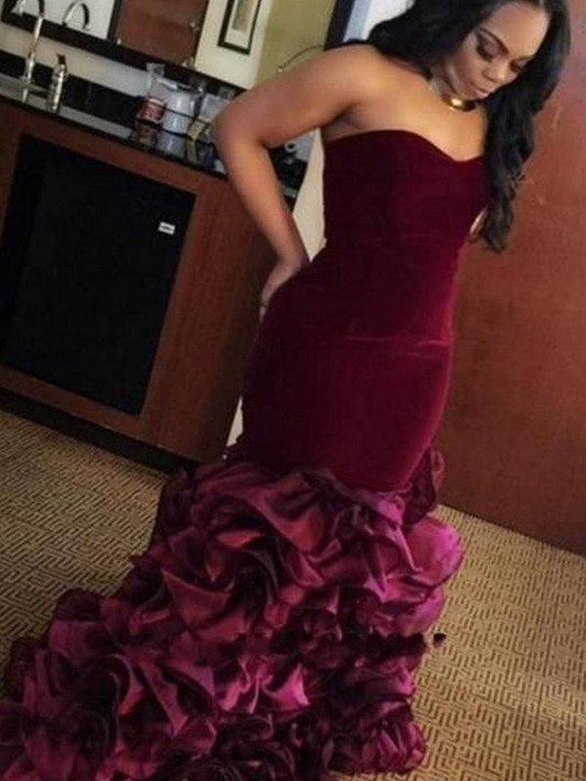 Mermaid Sweetheart Sleeveless Sweep/Brush Train With Ruffles Velvet Dresses - RongMoon