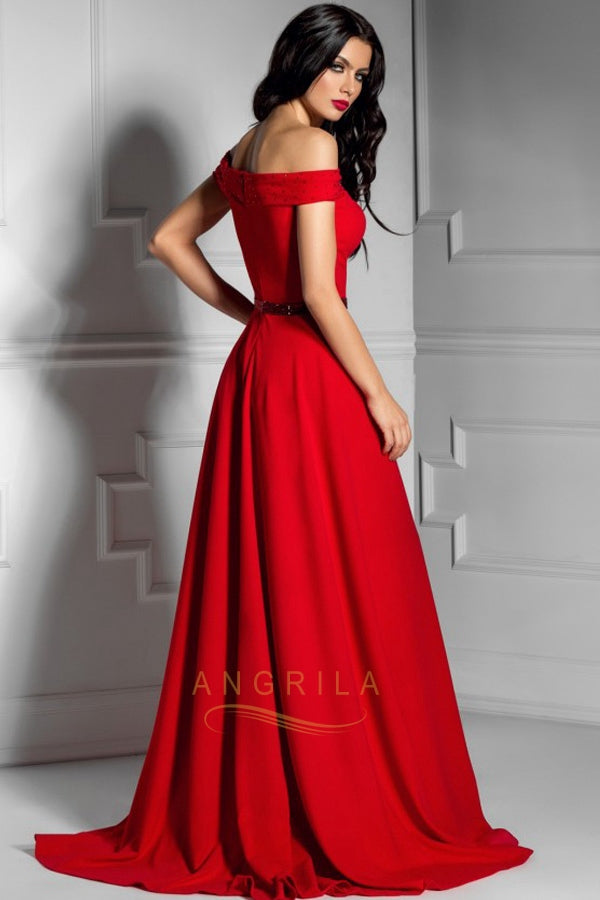 A-Line/Princess Off-the-Shoulder Sweep Train Long Prom Dress with Sash
