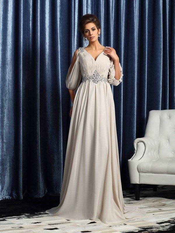 A-Line/Princess V-neck Beading 1/2 Sleeves Long Chiffon Mother of the Bride Dresses - RongMoon