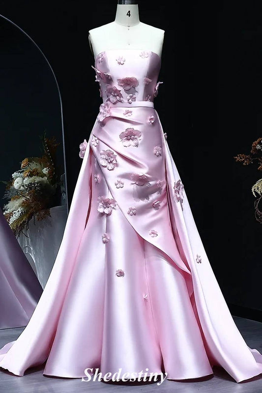 Strapless Mermaid Pink 3D Flowers Prom Dress with Train