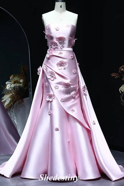 Strapless Mermaid Pink 3D Flowers Prom Dress with Train