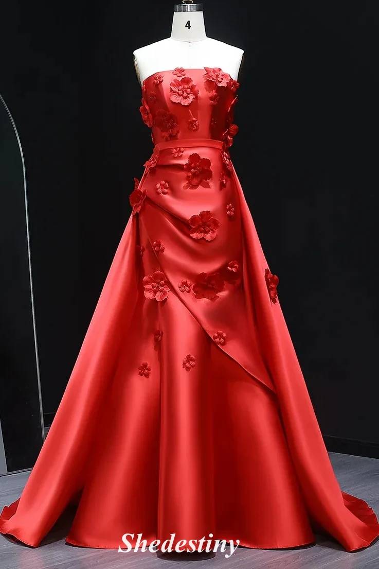 Strapless Mermaid Pink 3D Flowers Prom Dress with Train